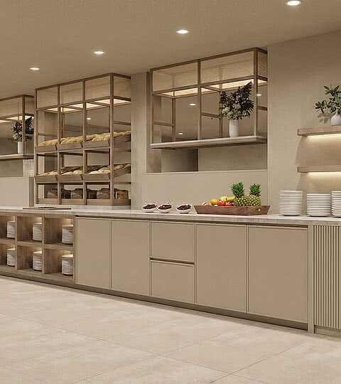Der elegante Buffetbereich im Design Hotel Sonnen Resort Naturns bietet eine stilvolle Präsentation von frischen Speisen.