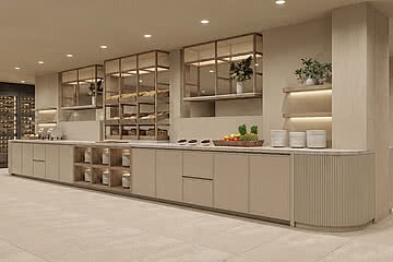 Der elegante Buffetbereich im Design Hotel Sonnen Resort Naturns bietet eine stilvolle Präsentation von frischen Speisen.