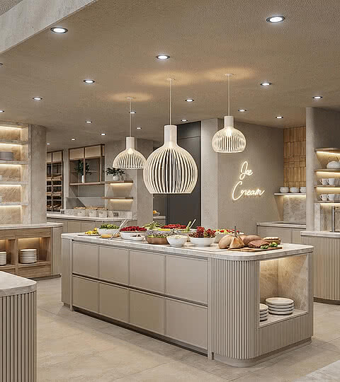 Rendering Neugestaltung Buffetbereich mit hellen Farben, edlen Materialien und modernem Design