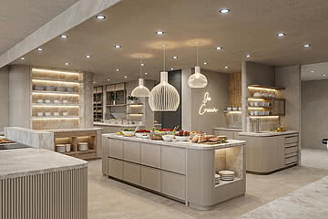 Rendering Neugestaltung Buffetbereich mit hellen Farben, edlen Materialien und modernem Design
