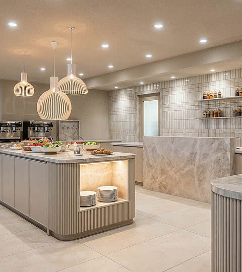 Rendering Neugestaltung Buffetbereich mit hellen Farben, edlen Materialien und modernem Design